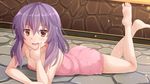  :d ass barefoot blush commentary feet highres hiiragi_shinoa kazenokaze legs_up looking_at_viewer lying naked_towel on_stomach onsen open_mouth owari_no_seraph purple_hair red_eyes smile soles solo the_pose thinking toes towel v-shaped_eyebrows wet 