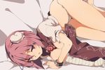  ass bandaged_arm bandages barefoot breasts breasts_outside bun_cover cuffs double_bun flower hasebe_yuusaku ibaraki_kasen large_breasts looking_at_viewer looking_up lying naked_tabard on_bed on_side open_mouth panties pink_hair puffy_sleeves red_eyes rose short_hair short_sleeves solo sweat tabard touhou underwear white_panties 