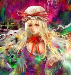  alternate_eye_color bangs blonde_hair blue_eyes breasts brown_eyes choker cleavage colorful commentary_request dress eyes gradient_eyes hands hat hat_ribbon huge_breasts lips long_hair looking_at_viewer lowres mob_cap multicolored multicolored_background multicolored_eyes nose parted_lips psychedelic purple_dress ribbon ribbon_choker solo surreal taut_clothes taut_dress touhou uedajyoko upper_body yakumo_yukari 