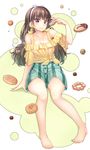  amanogawa_kirara angel_cream bangs bare_legs bare_shoulders barefoot blouse blunt_bangs breasts brown_hair chobipero choco_fashion cleavage collarbone doughnut earrings eating feet food french_cruller full_body go!_princess_precure hair_ribbon highres holding holding_food jewelry long_hair looking_at_viewer medium_breasts old-fashioned_doughnut pon_de_ring precure purple_eyes ribbon shirt shorts sitting smile solo sprinkles star star_earrings striped striped_shorts tied_shirt toes tsurime vertical-striped_shorts vertical_stripes wide_sleeves yellow_blouse 