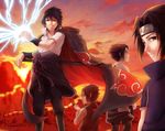  1boy age_progression arm_warmers artist_request bangs black_eyes black_hair child cloak crest electricity family_crest forehead_protector from_behind high_collar highres looking_at_viewer looking_back naruto naruto_shippuuden red_eyes sky smile spiked_hair standing sunset sword uchiha_sasuke wind 