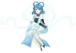  anklet blue_eyes blue_hair breasts dress flower full_body hagoromo hair_ornament hair_rings hair_stick highres jewelry kaku_seiga large_breasts shawl shoes side_slit solo tansuan_zhanshi taut_clothes taut_dress touhou white_background 