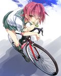  bicycle black_footwear boots food_in_mouth from_above ground_vehicle highres kantai_collection kinu_(kantai_collection) knee_boots mtu_(orewamuzituda) one_eye_closed pink_hair red_eyes sailor_collar school_uniform serafuku short_hair solo 