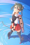  absurdres aircraft airplane apollo_(hu_maple) armor arrow black_hair boots bow_(weapon) flight_deck hair_ribbon highres japanese_clothes kantai_collection looking_at_viewer muneate red_eyes ribbon solo standing standing_on_liquid thigh_boots thighhighs twintails water weapon zettai_ryouiki zuikaku_(kantai_collection) 