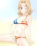  american_flag_bikini beach bikini bikini_pull blonde_hair blue_eyes blush breasts censored cleavage day flag_print girls_und_panzer groin highres hymen kay_(girls_und_panzer) large_breasts navel one_eye_closed pubic_hair pussy sand solo spread_pussy swimsuit takafumi 