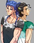  ahoge animal_ears bad_id bad_pixiv_id black_hair blue_hair casual dog_ears fate/stay_night fate/zero fate_(series) highres lancer lancer_(fate/zero) mole mole_under_eye multiple_boys ponytail red_eyes shimo_(s_kaminaka) shirt t-shirt wolf_ears yellow_eyes 