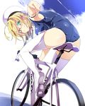  ass beret bicycle blonde_hair from_behind glasses green_eyes ground_vehicle hat highres i-8_(kantai_collection) kantai_collection mtu_(orewamuzituda) one-piece_swimsuit red-framed_eyewear school_swimsuit short_hair solo swimsuit thighhighs white_legwear 