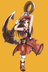  anchor armpits art_is_de4d bangs breasts brown_eyes brown_hair clothes_around_waist fingerless_gloves full_body gloves guilty_gear guilty_gear_xrd hat highres huge_weapon long_hair may_(guilty_gear) orange_background orange_hat orange_shirt pants pants_rolled_up parted_bangs pirate_hat sailor_collar salute shirt simple_background skull_and_crossbones sleeveless small_breasts solo weapon 