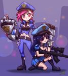  :t badge bite_mark black_eyes blue_hair boots breast_tattoo caitlyn_(league_of_legends) coffee_cup cuffs cup disposable_cup doughnut eating fingerless_gloves food gloves gun handcuffs hat highres league_of_legends midriff multiple_girls navel officer_caitlyn officer_vi phantom_ix_row pink_eyes pink_hair police police_hat police_uniform policewoman rifle sniper_rifle star sunglasses tattoo uniform vi_(league_of_legends) weapon 