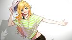  blonde_hair earrings green_eyes hoshii_miki idolmaster idolmaster_(classic) jewelry long_hair midriff removing_hat rod_(rod4817) shadow shirt solo striped striped_shirt 