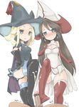  2girls agnes_oblige blonde_hair blue_eyes bravely_default:_flying_fairy bravely_default_(series) brown_hair censored earrings edea_lee elbow_gloves footjob gloves hat hetero highres jewelry long_hair multiple_girls panties pantyhose penis square_enix underwear white_panties 