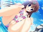  1girl :o bikini blue_eyes foreshortening frilled long_hair open_mouth outdoors panties panties_aside pussy scan sky smile solo splashing squatting swimsuit top touno_haruna uncensored underwear wading water wet 