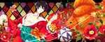  aoiro_69 ball camellia eyeshadow fish flower goldfish hand_on_hip highres holding japanese_clothes kimono kiseru knee_up looking_at_viewer makeup male_focus obi open_clothes open_kimono original pipe purple_eyes reclining sash sitting tassel temari_ball 