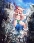  bikini blonde_hair bow city cookie_(touhou) destruction food_print giantess ground_vehicle gyakutai_ojisan hair_bow hide_(acceed) horns ibuki_suika long_hair manatsu_no_yo_no_inmu miura_daisenpai motor_vehicle muscle open_mouth red_eyes ribbon rumia size_difference swimsuit toono_(coat) touhou truck watermelon_print yajuu_senpai yilx 