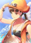  adjusting_clothes adjusting_hat anchor bandeau bangs blue_sky blunt_bangs bracelet breasts brown_eyes brown_hair cloud covered_nipples day earrings eyeliner guilty_gear hat heart highres hood hoodie jewelry long_hair looking_at_viewer makeup may_(guilty_gear) necklace one-piece_tan open_clothes orange_hat otsumami_(otsu-mugi) outdoors pearl pearl_bracelet pendant ponytail skull sky sleeveless sleeveless_hoodie small_breasts smile solo splashing strapless sunlight tan tanline tubetop unzipped upper_body water_drop wet zipper 