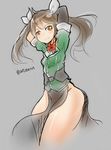  arceonn arms_behind_head bare_legs black_hair breasts brown_eyes kantai_collection long_hair pelvic_curtain remodel_(kantai_collection) single_sleeve small_breasts smile solo thick_thighs thighs tone_(kantai_collection) twintails 