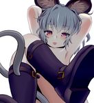  :p animal_ears arms_up blush boots convenient_censoring crossed_legs from_below grey_hair ishikkoro looking_at_viewer mouse_ears mouse_tail nazrin nude red_eyes short_hair smile solo tail tongue tongue_out touhou 