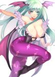  animal_print aqua_eyes aqua_hair arm_up armpits bad_id bad_pixiv_id bangs bare_shoulders bat_print bat_wings black_footwear boots breasts cleavage clenched_hand collarbone colored_eyelashes covered_navel demon_girl eyelashes feathers from_side head_wings heart_cutout high_heel_boots high_heels highleg highleg_leotard highres hohehohe knee_boots large_breasts leg_lift leotard long_hair looking_at_viewer low_wings morrigan_aensland off_shoulder outstretched_arms pantyhose parted_lips print_legwear purple_legwear purple_wings simple_background skin_tight sleeveless solo standing standing_on_one_leg succubus vampire_(game) very_long_hair white_background wings 