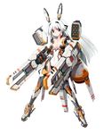  animal_ears bail bare_shoulders beam_rifle boots breasts cleavage collarbone covered_navel dual_wielding elbow_gloves energy_gun fake_animal_ears full_body gloves gun headset highres holding leg_armor leotard long_hair mecha_musume medium_breasts original red_eyes robot_ears side_cutout simple_background solo thighhighs weapon white_background white_hair 