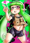  :&lt; bike_shorts blush domino_mask fangs green_hair inkling mask midriff monster_girl navel open_mouth paint_splatter pink_eyes pointing pointy_ears shirotake_jinan shirt solo splatoon_(series) splatoon_1 spoken_star squid star t-shirt tank_top tentacle_hair 