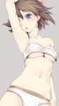  ;o arm_up armpits blue_eyes blush breasts brown_hair cleavage collarbone cowboy_shot grey_background hair_between_eyes head_tilt hiei_(kantai_collection) kantai_collection looking_at_viewer medium_breasts navel nilitsu one_eye_closed panties short_hair simple_background solo sports_bra star star_print stomach strap_slip underboob underwear underwear_only 