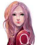 1girl 2015 abstract_background artist_name expressionless green_eyes hairband haruno_sakura lips long_hair looking_to_the_side naruto pink_hair realistic red_shirt shirt simple_background smile solo ukirit upper_body white_background 
