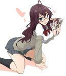  ahoge blue_eyes breasts brown_hair cardigan fang glasses heart ichinose_shiki idolmaster idolmaster_cinderella_girls kneehighs kneeling large_breasts long_hair looking_at_viewer momio red-framed_eyewear school_uniform semi-rimless_eyewear skirt skirt_lift solo under-rim_eyewear 