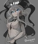  arceonn blue_eyes bodysuit breasts dated glowing glowing_eyes hat kantai_collection large_breasts long_hair shinkaisei-kan solo twitter_username wo-class_aircraft_carrier 