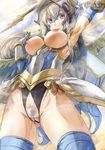  arm_up armor armpits blue_legwear breastless_clothes breasts censored commentary_request crotchless_clothes elia_(p&amp;d) eyebrows helmet large_breasts long_hair nipples pubic_hair purple_eyes pussy puzzle_&amp;_dragons revealing_clothes silver_hair silver_pubic_hair solo thighhighs very_long_hair wings yohane 