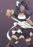  ahoge aoiro_69 blue_eyes blue_hair dark_skin earrings highres jewelry katana maid open_mouth original solo sword thighhighs weapon 