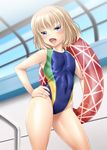  ayato blonde_hair blue_eyes breasts competition_swimsuit covered_navel covered_nipples fang girls_und_panzer highres innertube katyusha md5_mismatch one-piece_swimsuit short_hair small_breasts solo swimsuit 