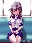  black_hair cellphone closed_eyes hairband kantai_collection long_hair miuku_(marine_sapphire) phone remodel_(kantai_collection) school_uniform serafuku sitting sleeping sleeping_upright solo train_interior ushio_(kantai_collection) 