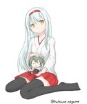  :3 black_hair chibi closed_eyes closed_mouth commentary grey_hair hair_ribbon hairband japanese_clothes kantai_collection long_hair multiple_girls muneate pleated_skirt red_skirt ribbon seiza short_hair short_sleeves shoukaku_(kantai_collection) simple_background sitting sitting_on_lap sitting_on_person skirt smile twintails twitter_username white_background white_hair white_ribbon yuta1147 zuikaku_(kantai_collection) 
