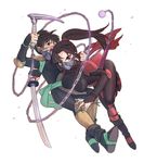  1girl abiko_yuuji armor bodysuit breasts brother_and_sister brown_eyes brown_hair eyeliner face_mask inuyasha katana knee_pads kohaku_(inuyasha) kusarigama large_breasts long_hair makeup mask mask_removed ponytail sango shoulder_armor shoulder_pads siblings sickle sword weapon 