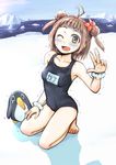  breasts brown_hair cold commentary_request double_bun failure_penguin ice kantai_collection kou1 medium_breasts naka_(kantai_collection) one-piece_swimsuit one_eye_closed open_mouth school_swimsuit short_hair smile swimsuit trembling 