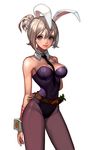  animal_ears arm_behind_back battle_bunny_riven belt blonde_hair blue_eyes bunny_ears bunnysuit carrot cowboy_shot detached_collar hand_on_own_arm kim_na_young league_of_legends looking_at_viewer pantyhose riven_(league_of_legends) skin_tight smile solo white_hair wrist_cuffs 
