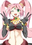  black_gloves character_request commentary_request crop_top double_v e.o. elbow_gloves fang gloves green_eyes hair_ornament highres long_hair midriff navel one_eye_closed open_mouth pink_hair short_sleeves smile solo tiara twintails v very_long_hair 
