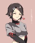  ^_^ black_hair blue_lipstick blush closed_eyes crop_top cube_(jsr) earrings flame_print hair_ornament hairclip heart home_(houmei) jet_set_radio jewelry lipstick makeup purple_background short_hair simple_background skull skull_earrings smile solo translation_request upper_body 