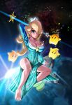  bad_feet barefoot black-rayal blonde_hair blue_eyes chiko_(mario) dress feet gradient gradient_background hair_over_one_eye long_hair luma nintendo nipple_slip rosalina_(mario) rosetta_(mario) super_mario_bros. super_mario_galaxy toes 