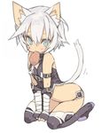  animal_ears bandages bare_shoulders black_gloves black_legwear blade_(galaxist) blue_eyes breasts cat_ears cat_tail chicken_(food) chicken_leg fate/apocrypha fate_(series) fingerless_gloves food food_in_mouth gloves hair_between_eyes jack_the_ripper_(fate/apocrypha) kneeling mouth_hold scar short_hair silver_hair simple_background small_breasts solo string_panties tail thighhighs white_background 