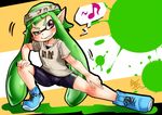  bike_shorts blush domino_mask eighth_note full_body green_hair grin headband inkling mask monster_girl musical_note paint_splatter pink_eyes pointy_ears shirotake_jinan shirt shoes smile sneakers solo splatoon_(series) splatoon_1 spoken_musical_note stretch t-shirt tentacle_hair 