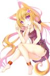  absurdres animal_ears ankle_cuffs ankle_strap babydoll bangs bare_arms barefoot blonde_hair bow buckle colored_eyelashes dress flower fox_ears fox_tail frills full_body hair_ornament highres long_hair low_twintails ming_(3952862) original panties purple_eyes simple_background solo tail tears twintails underwear very_long_hair white_background white_panties 