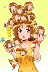  :d :o bow brown_eyes brown_hair candy chibi chibi_inset dango eating food green_bow happinesscharge_precure! highres ice_cream ice_cream_cone minigirl multiple_girls multiple_persona oomori_yuuko open_mouth orange_bow overalls precure ryuuta_(cure_ryuuta) shirt short_hair skewer smile soft_serve wagashi yellow_background 