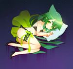  absurdly_long_hair bikini black_bikini blush breasts female frilled_bikini frills gatchaman gatchaman_crowds gradient gradient_background green_eyes green_hair high_heels hym9594 leg_garter long_hair low-tied_long_hair md5_mismatch pillow solo swimsuit utsutsu very_long_hair 