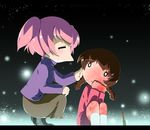  2girls beak blush brown_hair eyes_closed gradient gradient_background knife madotsuki miniskirt multiple_girls o_o pink_hair pleated_skirt rapama short_hair short_twintails skirt squatting sweater toriningen turtleneck twin_braids yume_nikki 