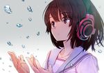  brown_eyes brown_hair collarbone gradient gradient_background headphones looking_afar machimura_komori original parted_lips school_uniform sennheiser serafuku short_hair solo water_drop 