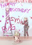  ahoge blonde_hair braid brown_eyes grey_eyes hair_over_one_eye happy_birthday hoshi_shouko idolmaster idolmaster_cinderella_girls kawaii_boku_to_142's koshimizu_sachiko kunreishiki ladder long_hair multiple_girls numahito open_mouth paint purple_hair shirasaka_koume short_hair silver_hair single_braid sleeves_past_wrists smile 