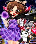  bad_id bad_pixiv_id blue_eyes bow brown_eyes brown_hair cape checkered checkered_clothing checkered_skirt clothes_writing glasses grey_hair hat hat_bow mononobe_no_futo motsu_(selshia12) multiple_girls occult_ball one_eye_closed panda pointing ponytail red-framed_eyewear skirt tate_eboshi touhou usami_sumireko 