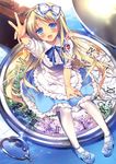  :d absurdres alice_(wonderland) alice_in_wonderland blonde_hair blue_eyes bow dress hair_bow highres long_hair minigirl motomiya_mitsuki open_mouth outstretched_arm pantyhose pocket_watch smile solo watch white_hair 