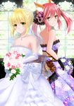  ahoge animal_ears blonde_hair bouquet breasts bridal_veil bride dress fate/extra fate_(series) flower fox_ears fox_tail green_eyes medium_breasts multiple_girls nero_claudius_(fate) nero_claudius_(fate)_(all) pink_hair tail tamamo_(fate)_(all) tamamo_no_mae_(fate) veil wedding_dress white_dress yellow_eyes yuzushiro 